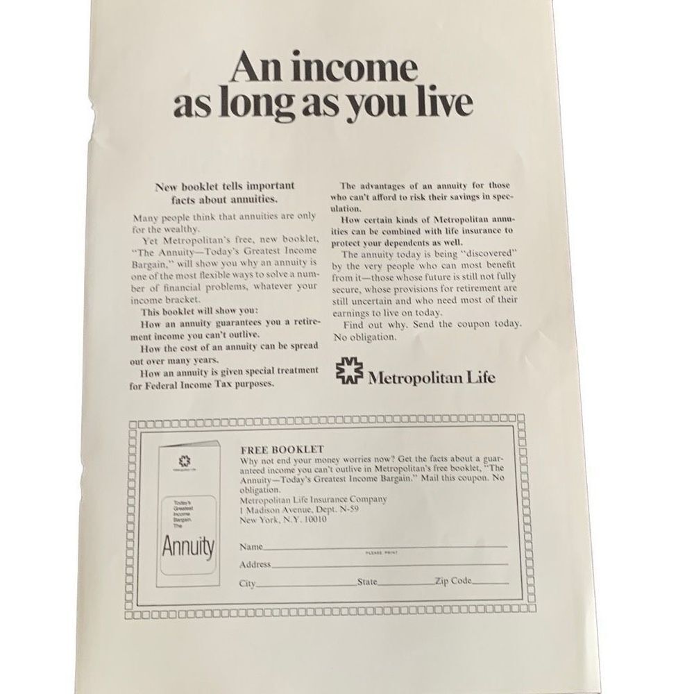 Vintage 1969 Metropolitan Life An Income as Long as You Live Ad Advertisement
